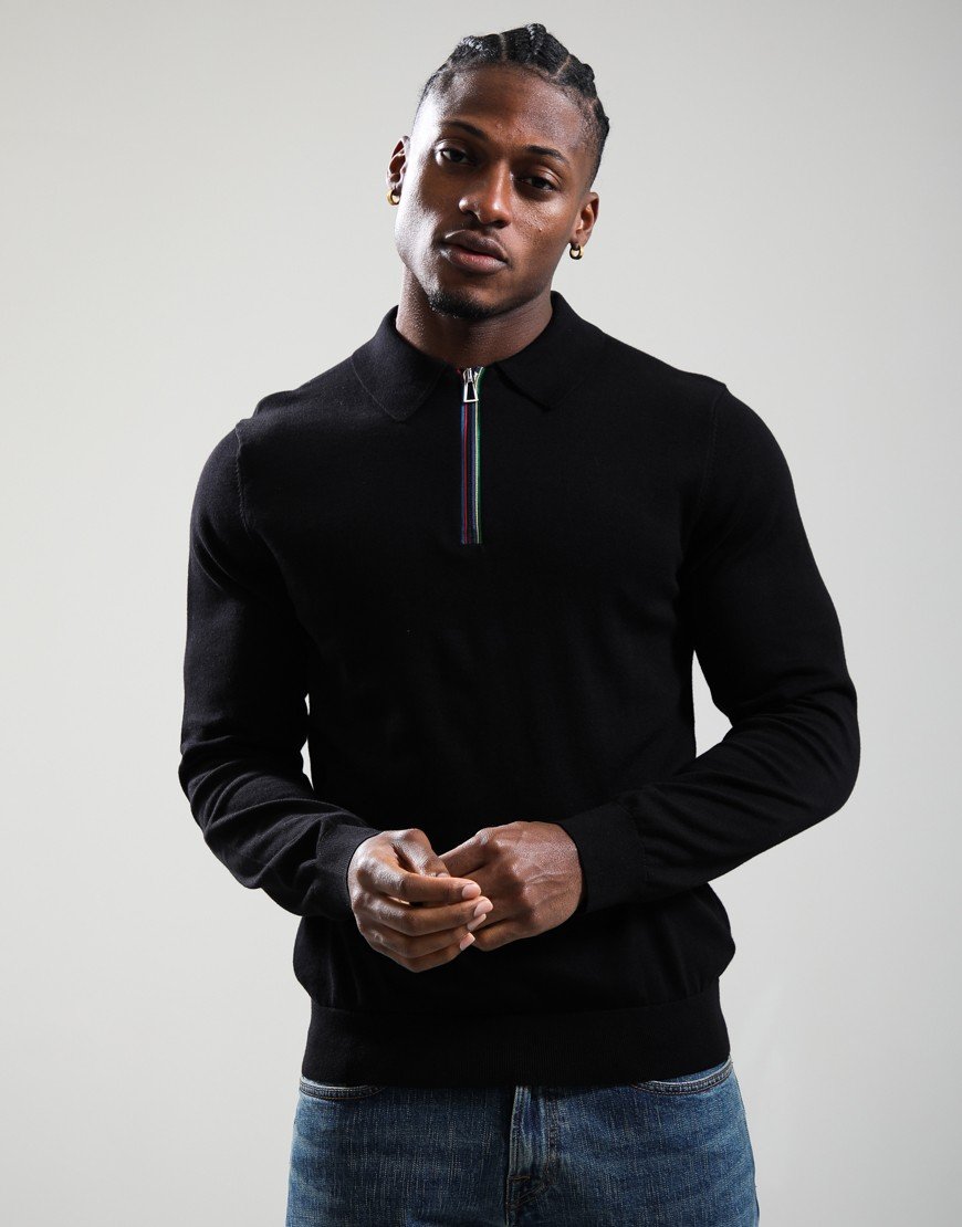 Paul Smith Sports Stripe Zip Neck Long Sleeve Polo Shirt Black