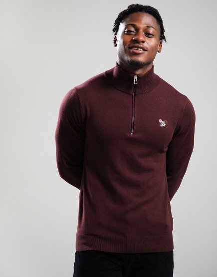 Paul Smith Sweater Zip Neck Zebra Badge Knit 29 Very Dark Red