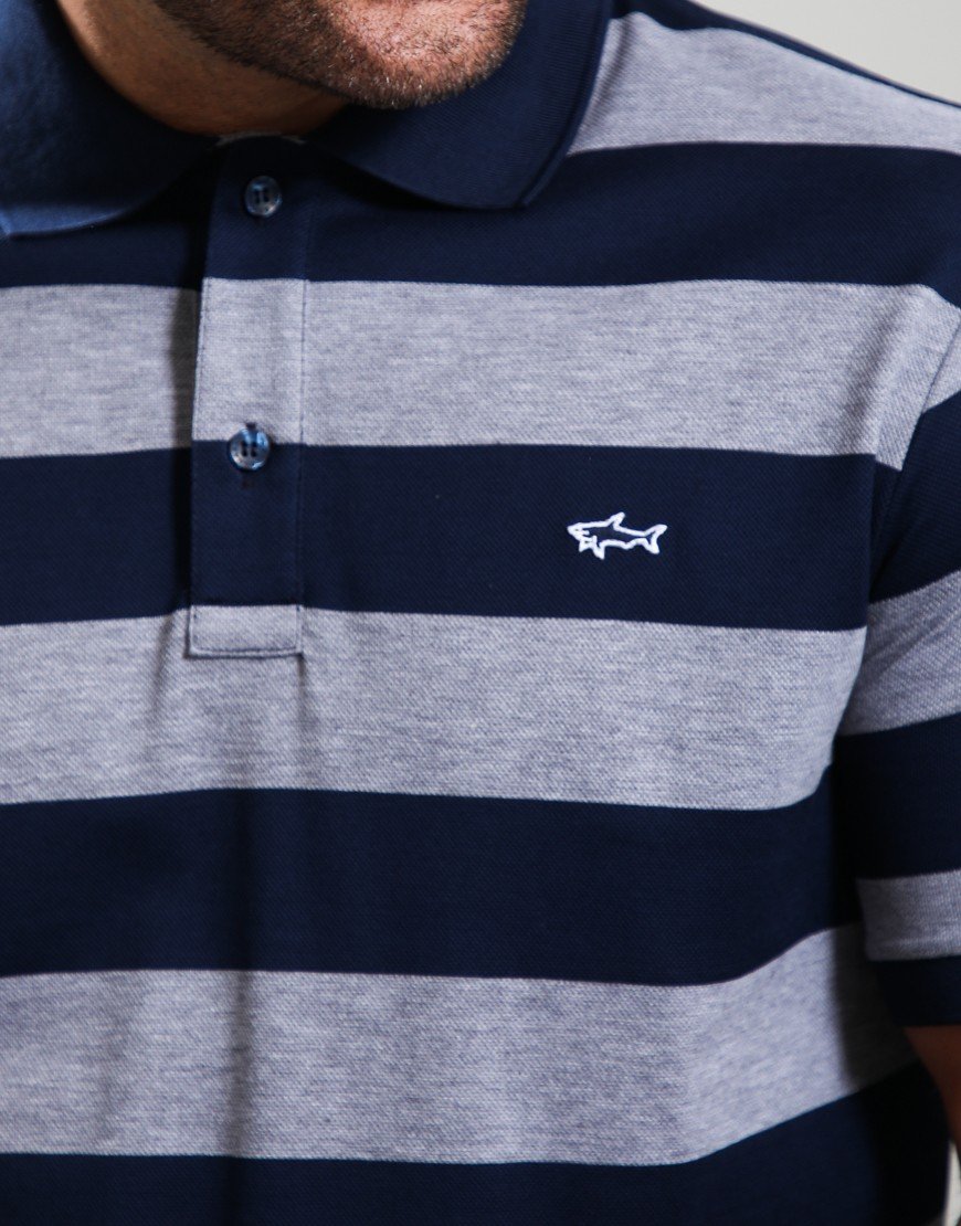 Paul & Shark Double Cotton Stripe Piquè Polo Shirt Grey Navy