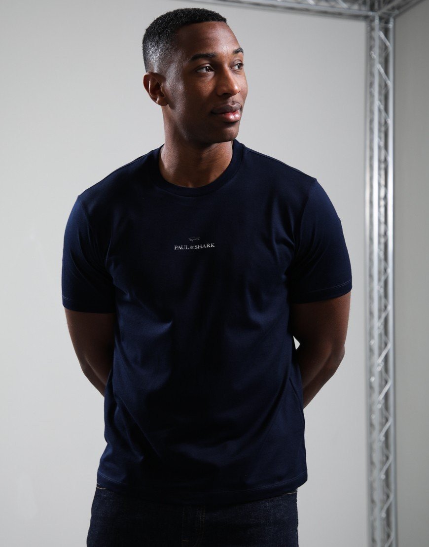 Paul & Shark Lightweight Cotton Jersey Printed Small Centre Logo T-Shirt Navy