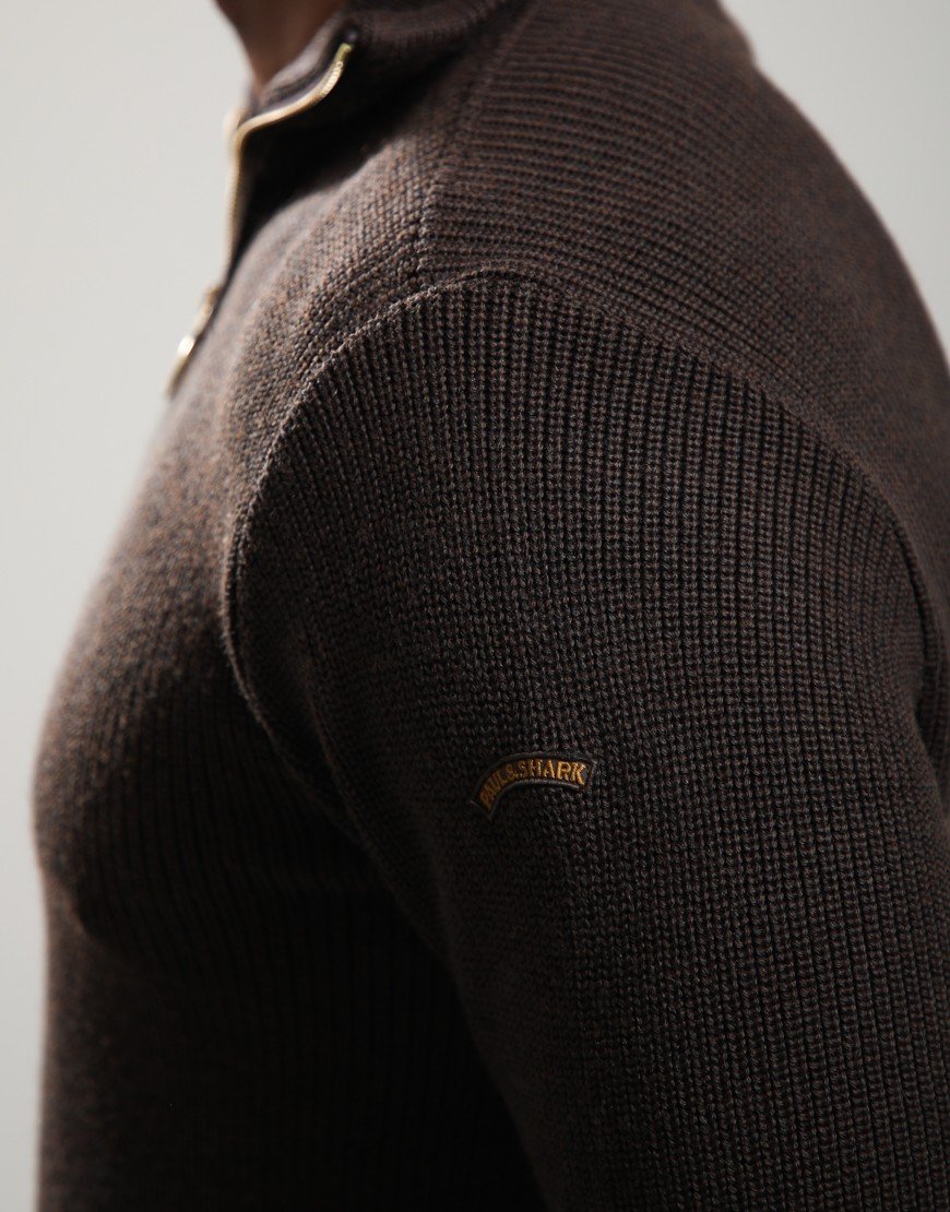Paul & Shark Shark Tag Tech Wool Half Zip Brown