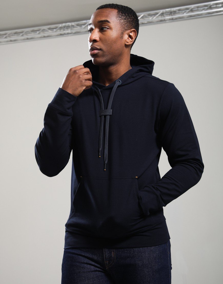 Paul & Shark Xsoft Hoodie Fleece Leather Logo Navy
