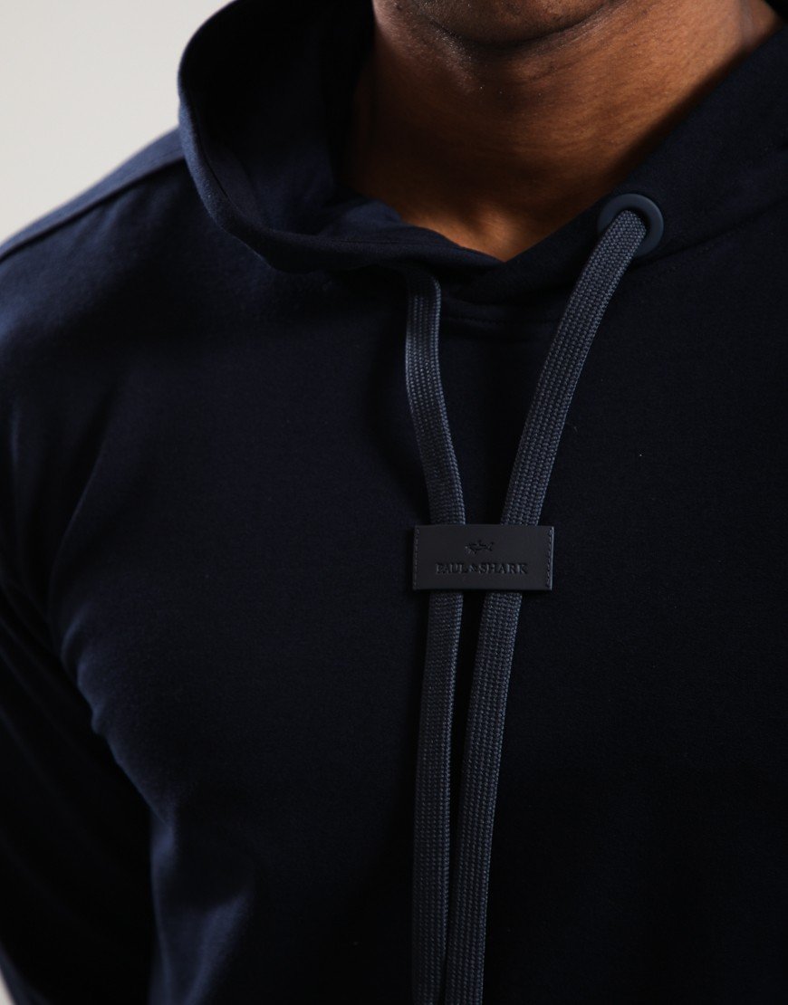 Paul & Shark Xsoft Hoodie Fleece Leather Logo Navy
