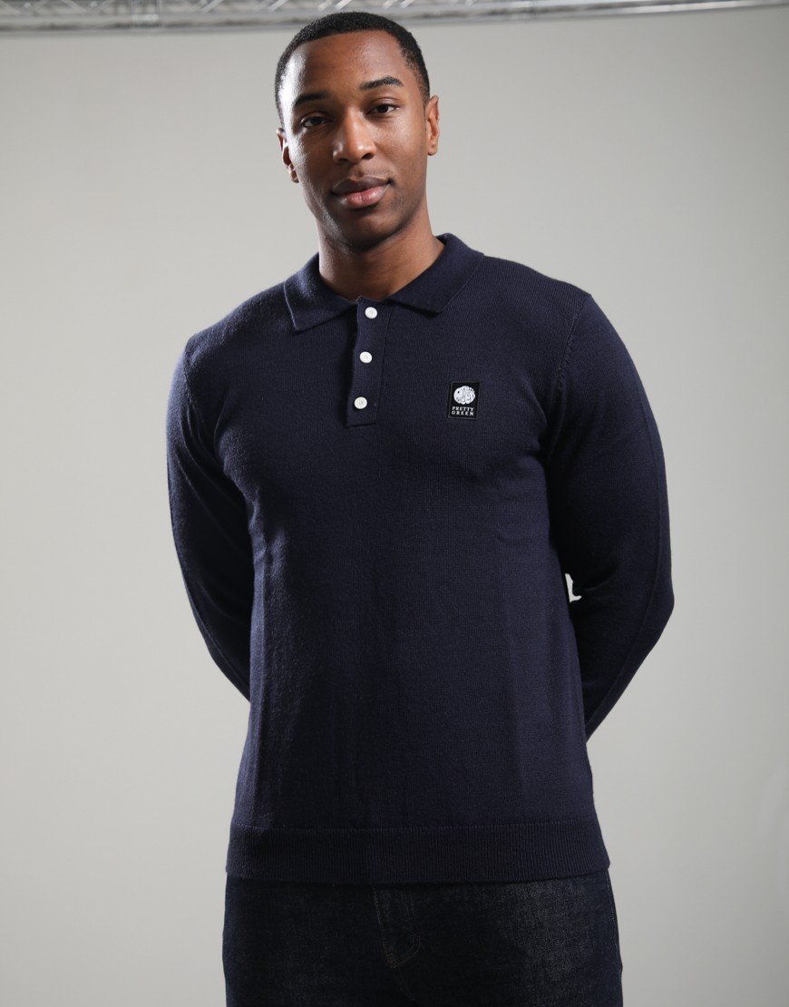 Pretty Green Merino Blend Polo Knit Navy