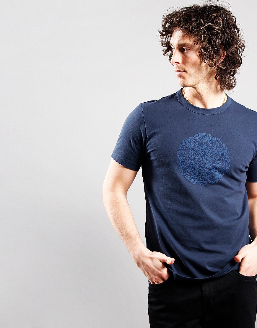 Pretty Green Tonal Wonderwall Paisley Logo T-Shirt Navy