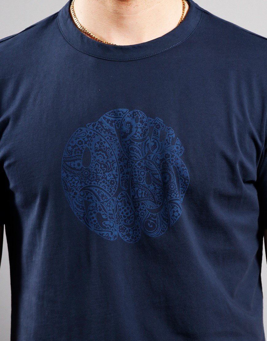 Pretty Green Tonal Wonderwall Paisley Logo T-Shirt Navy