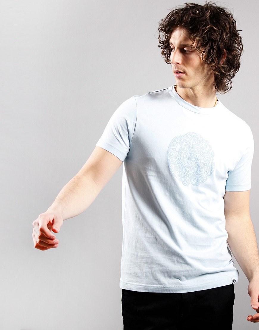 Pretty Green Tonal Wonderwall Paisley Logo T-Shirt Light Blue