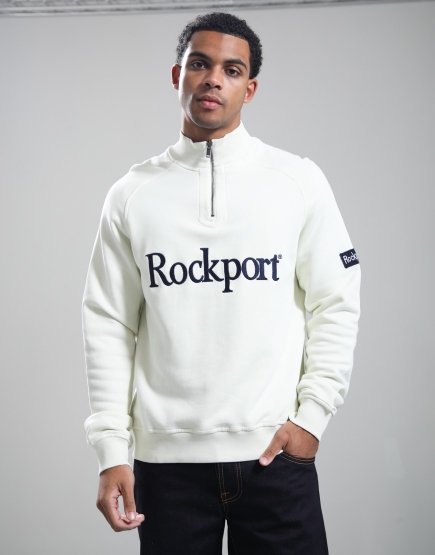 Rockport Boston 1/4 Zip Front Logo Sweat Ecru