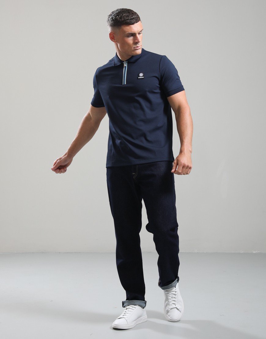 Sandbanks Tri-Colour Zip Polo Shirt Navy