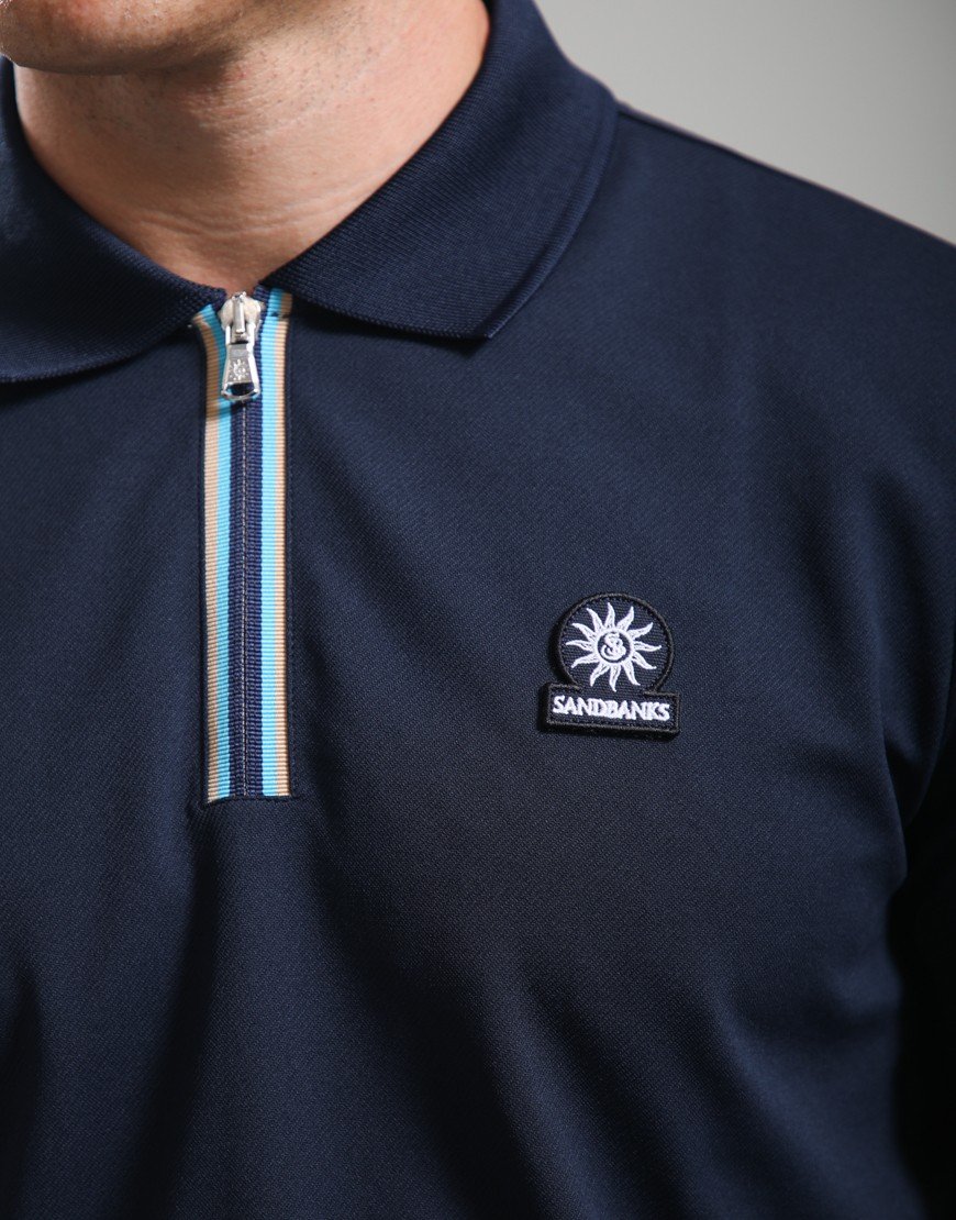 Sandbanks Tri-Colour Zip Polo Shirt Navy