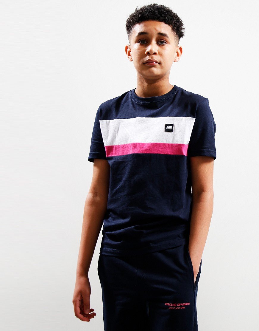WEEKEND OFFENDER KIDS CROSSWORD T SHIRT Navy/White/Pink Terraces Menswear