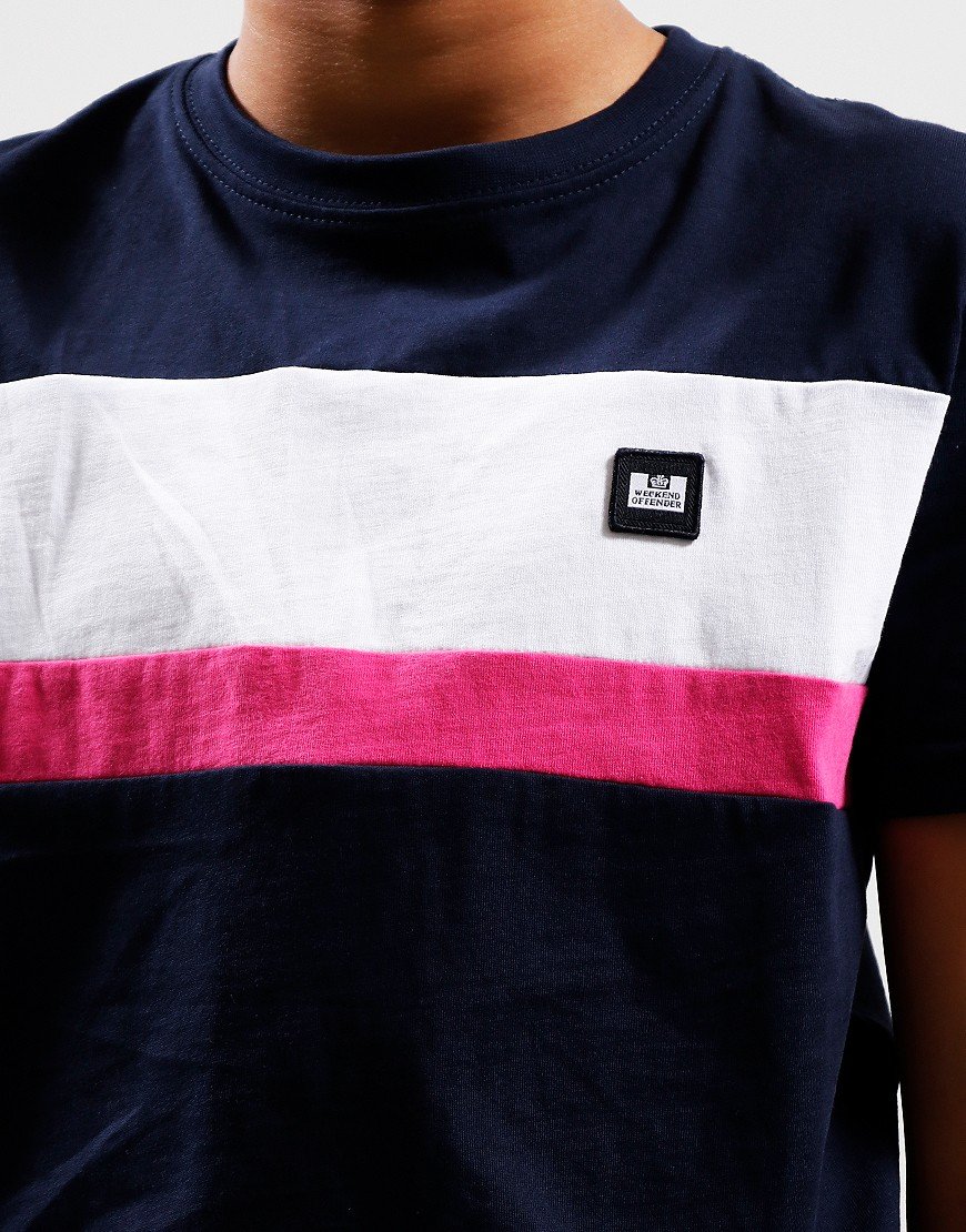 WEEKEND OFFENDER KIDS CROSSWORD T SHIRT Navy/White/Pink Terraces Menswear